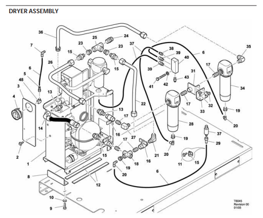 IRN 7.5–15 HP integrated dryer assembly diagram with filters, pressure gauge, tubing, and fittings