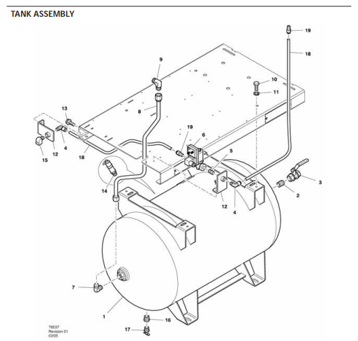 IRN 7.5–15 HP receiver tank assembly diagram with tubing, valves, elbows, and brackets